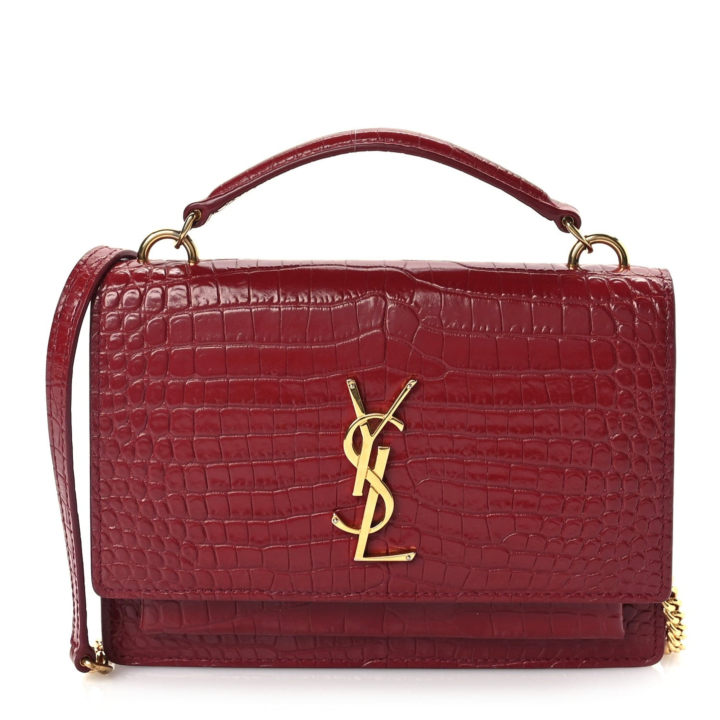 Calfskin Crocodile Embossed Monogram Sunset Top Handle Chain Wallet Rouge Legion