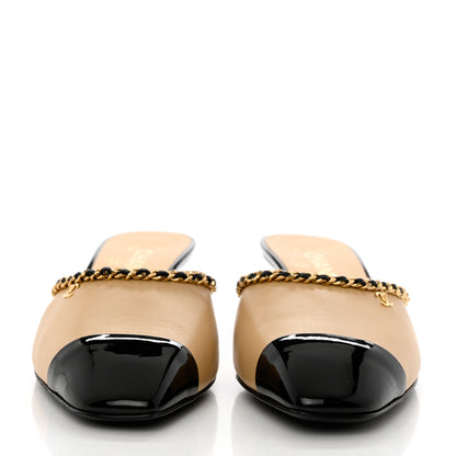 Chanel Lambskin Patent Cap Toe Chain Mule 38.5 Beige Black 2 of 9