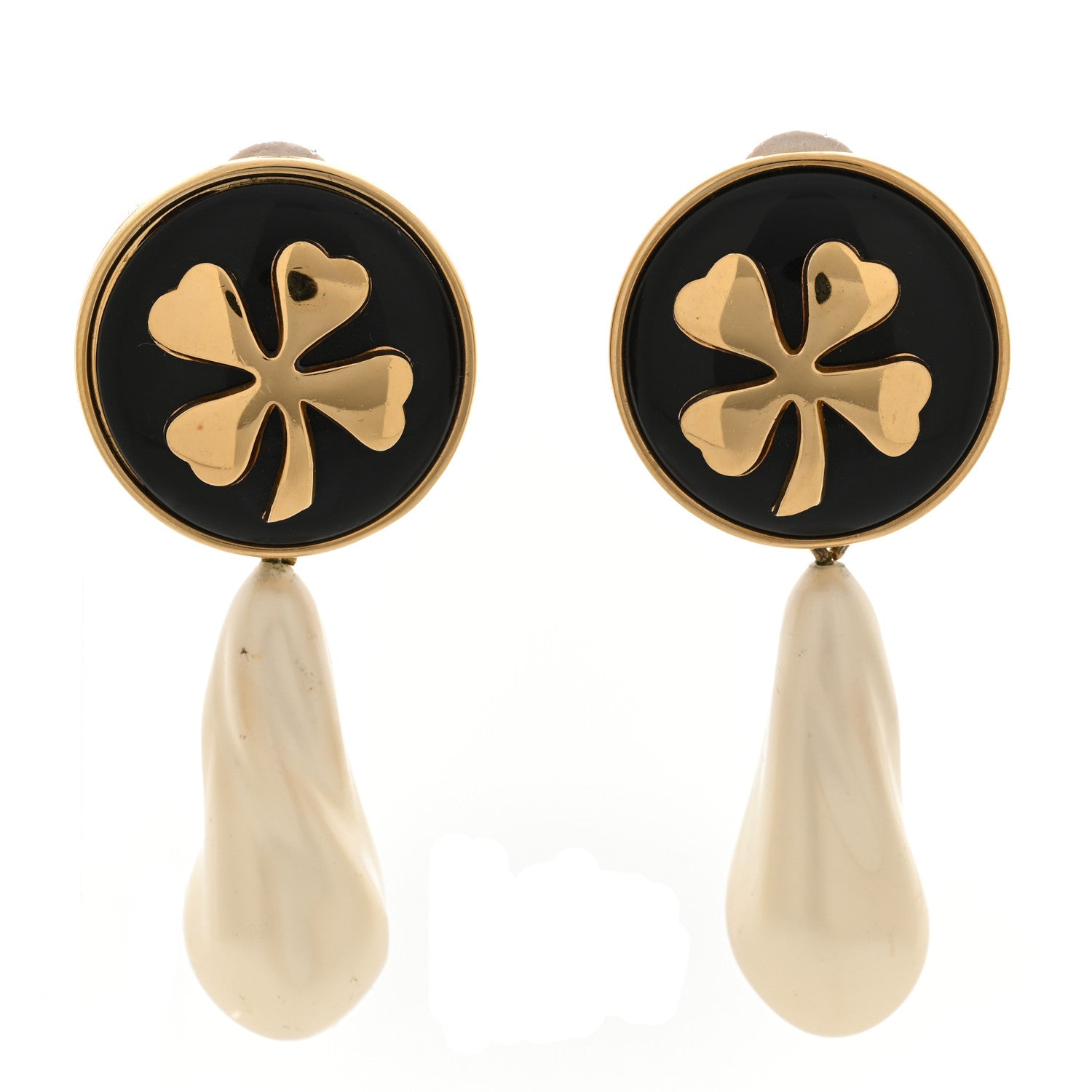 Chanel Pearl Resin CC Clover Clip On Earrings Gold 1 of 5