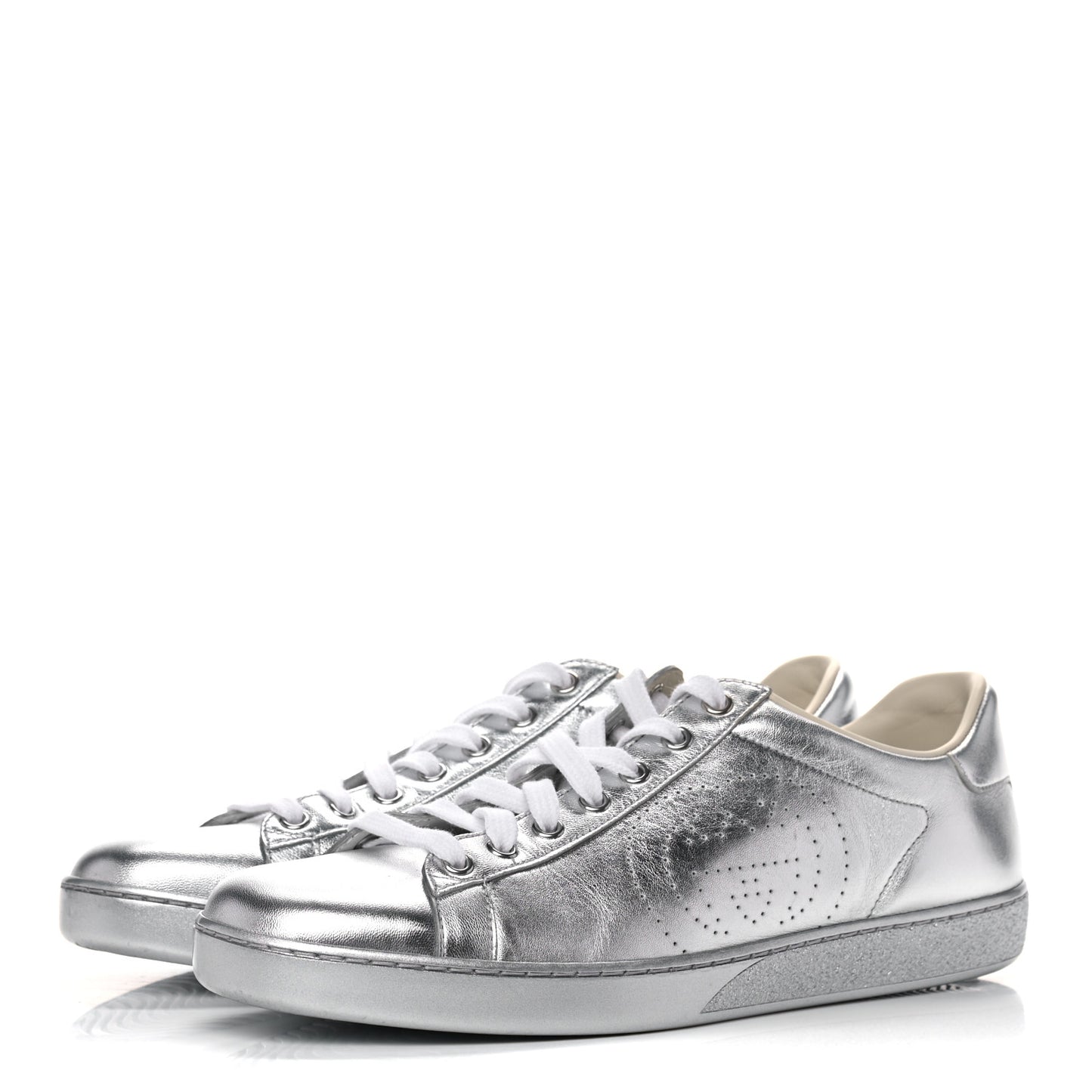 Metallic Nappa Interlocking G Perforated Womens Ace Sneakers 40.5 Silver
