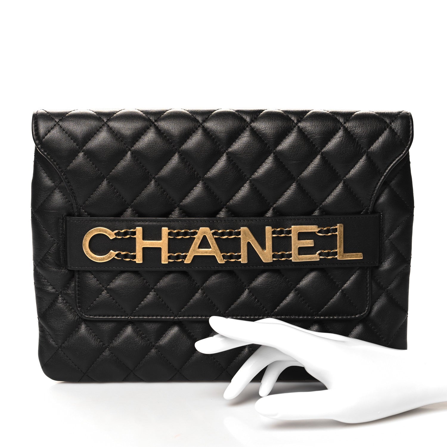 Chanel Calfskin Quilted Front Logo Enchained Clutch Black 2 of 11