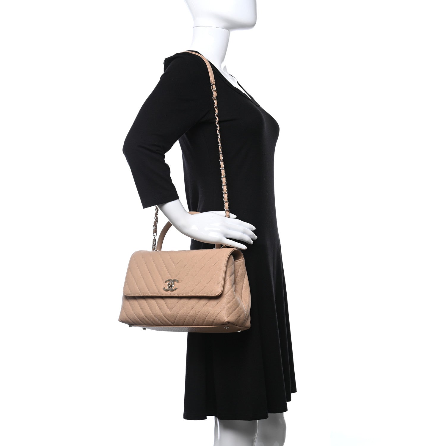 Chanel Caviar Chevron Quilted Small Coco Handle Flap Beige 2 of 9