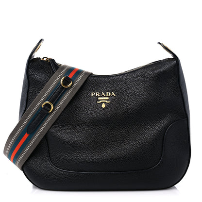 Prada Vitello Daino Zippered Messenger Hobo Black 1 of 8