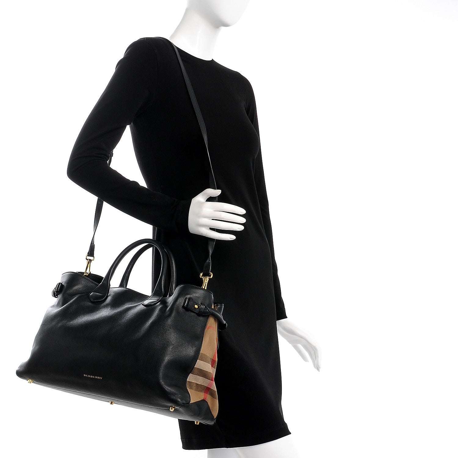 Burberry Grainy Calfskin House Check Large Banner Tote Black 2 of 9