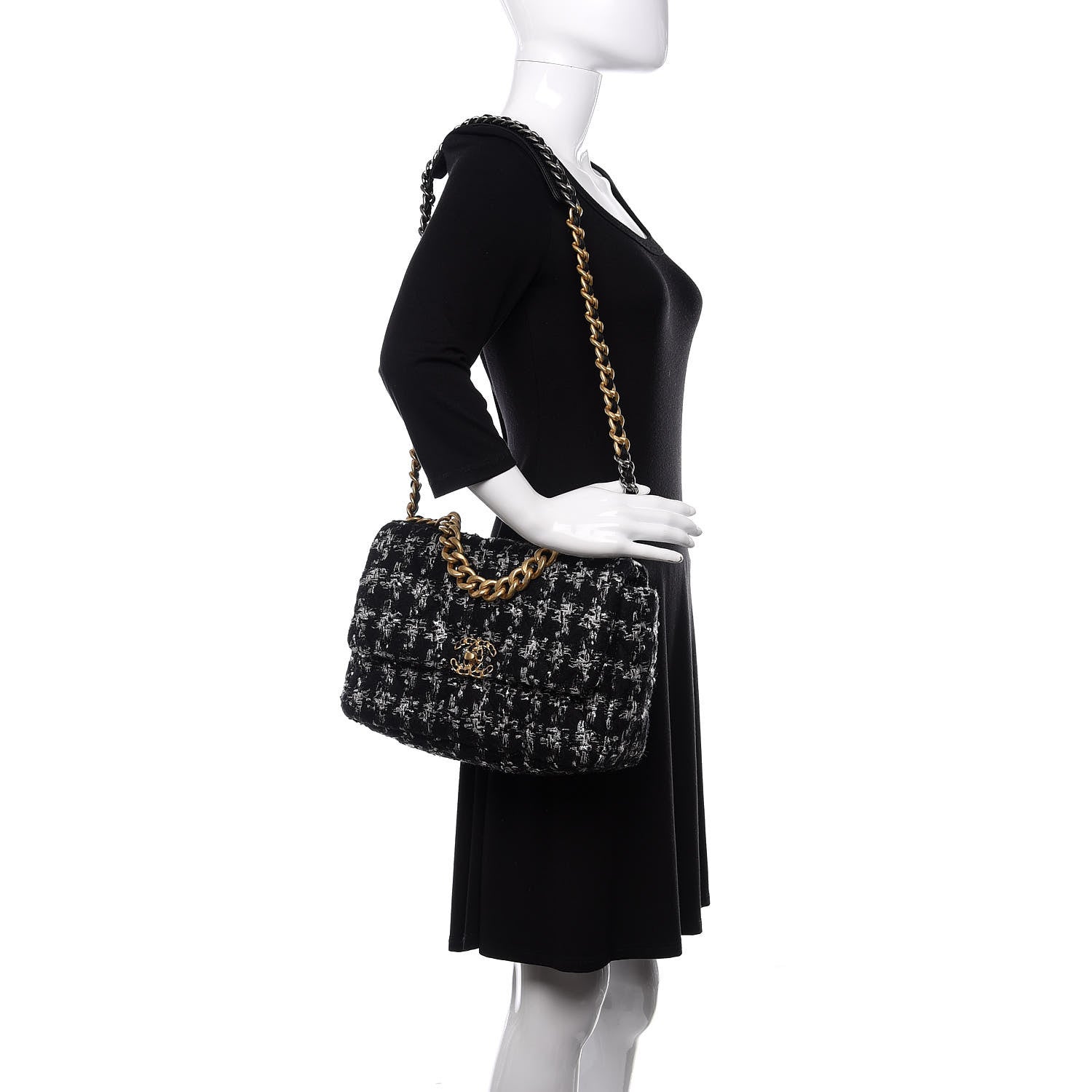 Chanel Tweed Quilted Large 19 Flap Black Ecru White 2 of 9