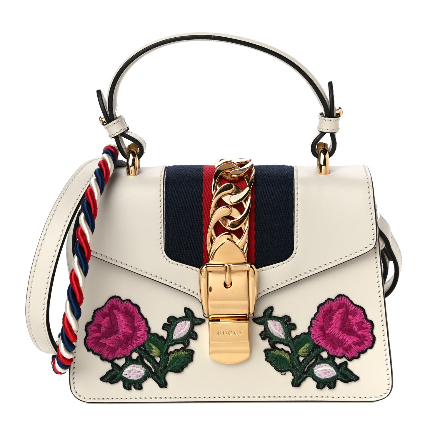 Calfskin Embroidered Mini Sylvie Top Handle Bag White