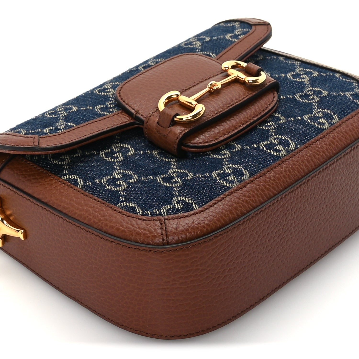 Gucci New Denim GG Monogram Dollar Calfskin Web Mini Horsebit 1955 Shoulder Bag Blue Tea Cuir Epilog 9 of 10
