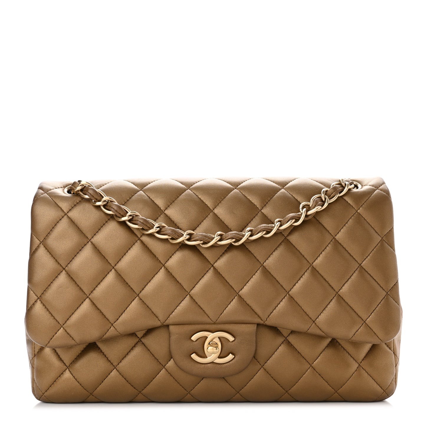 Metallic Lambskin Quilted Jumbo Double Flap Gold