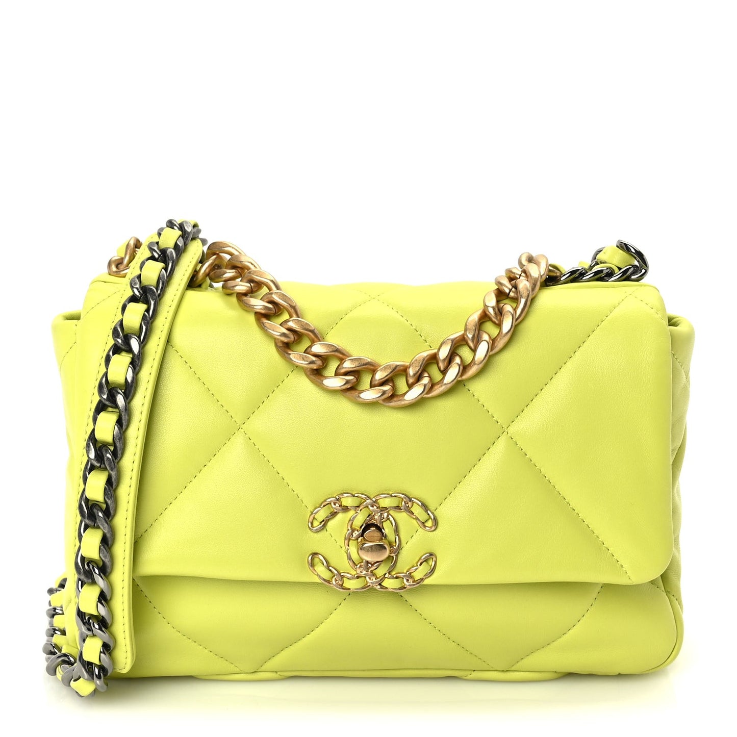 Shiny Lambskin Quilted Medium  19 Flap  Neon Yellow