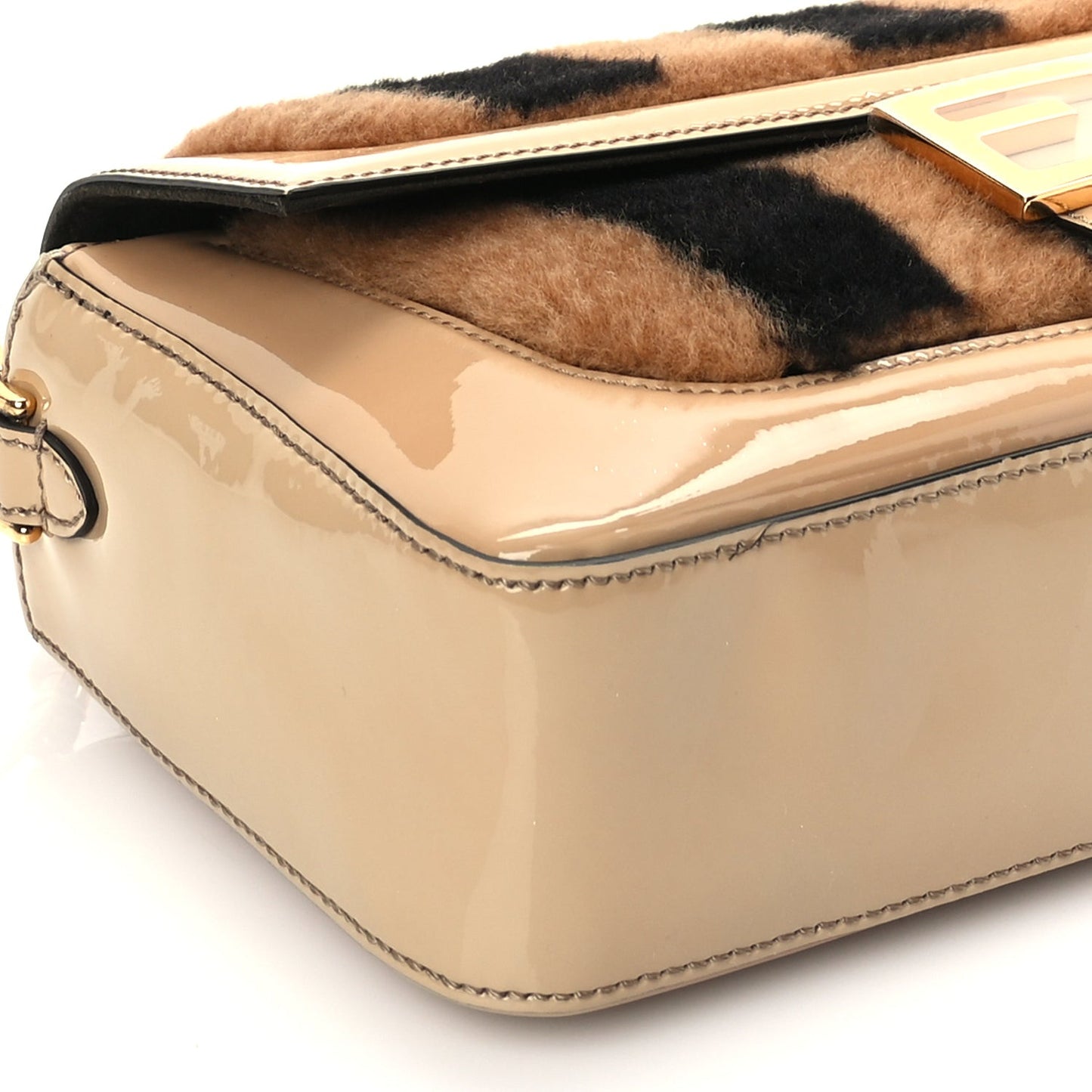 Shearling Vitello Vernice Mou Pequin Striped Baguette  Tobacco Black Tortora