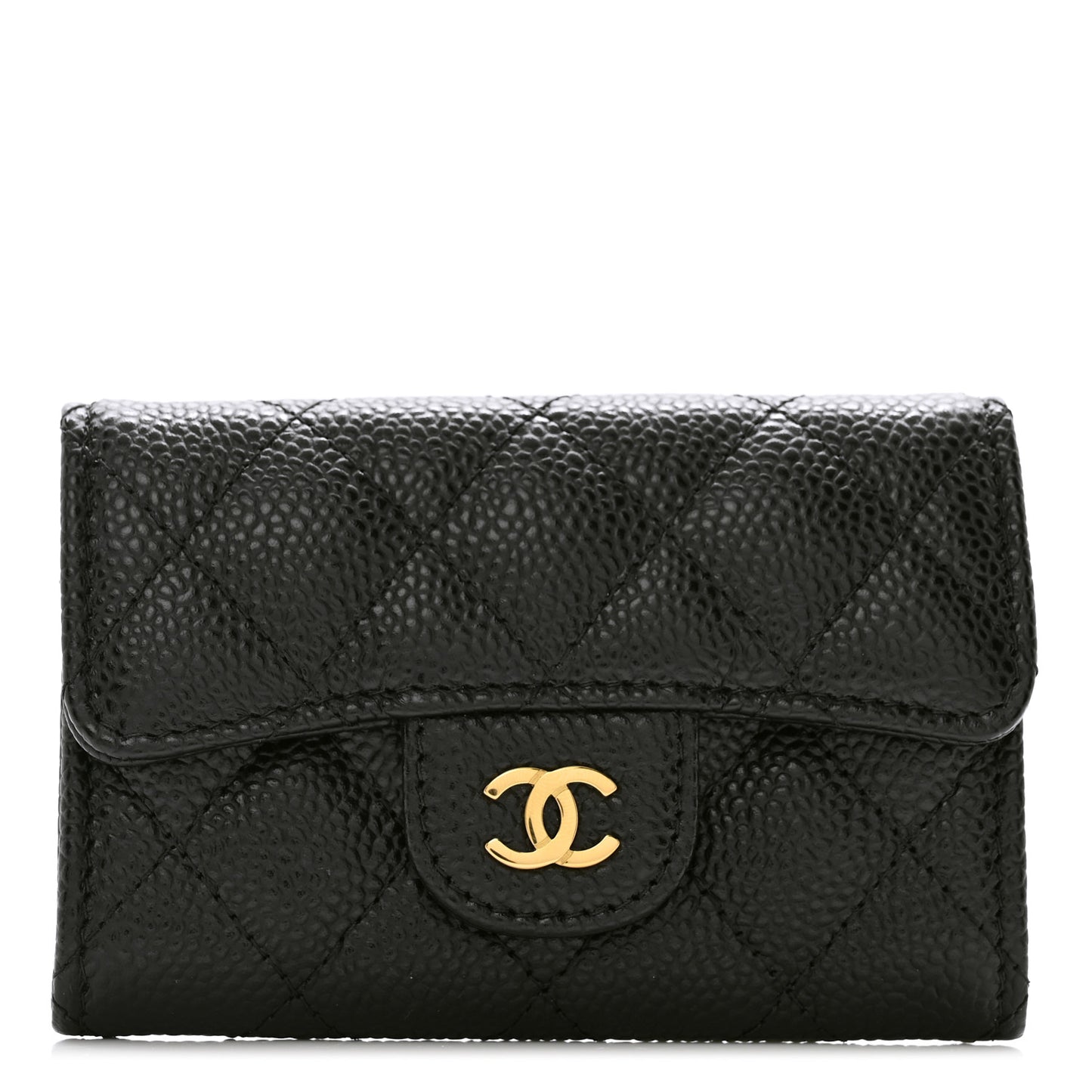 Caviar Quilted Flap Card Holder Wallet Black