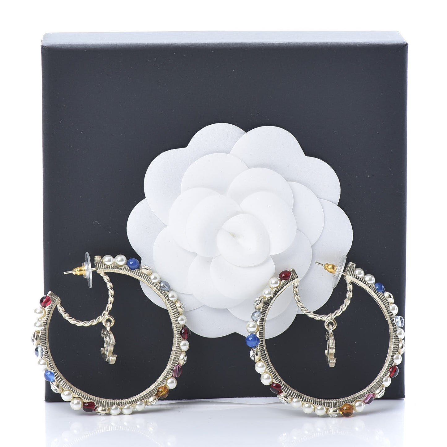 Crystal Pearl Bead CC Drop Hoop Earrings Gold Multicolor