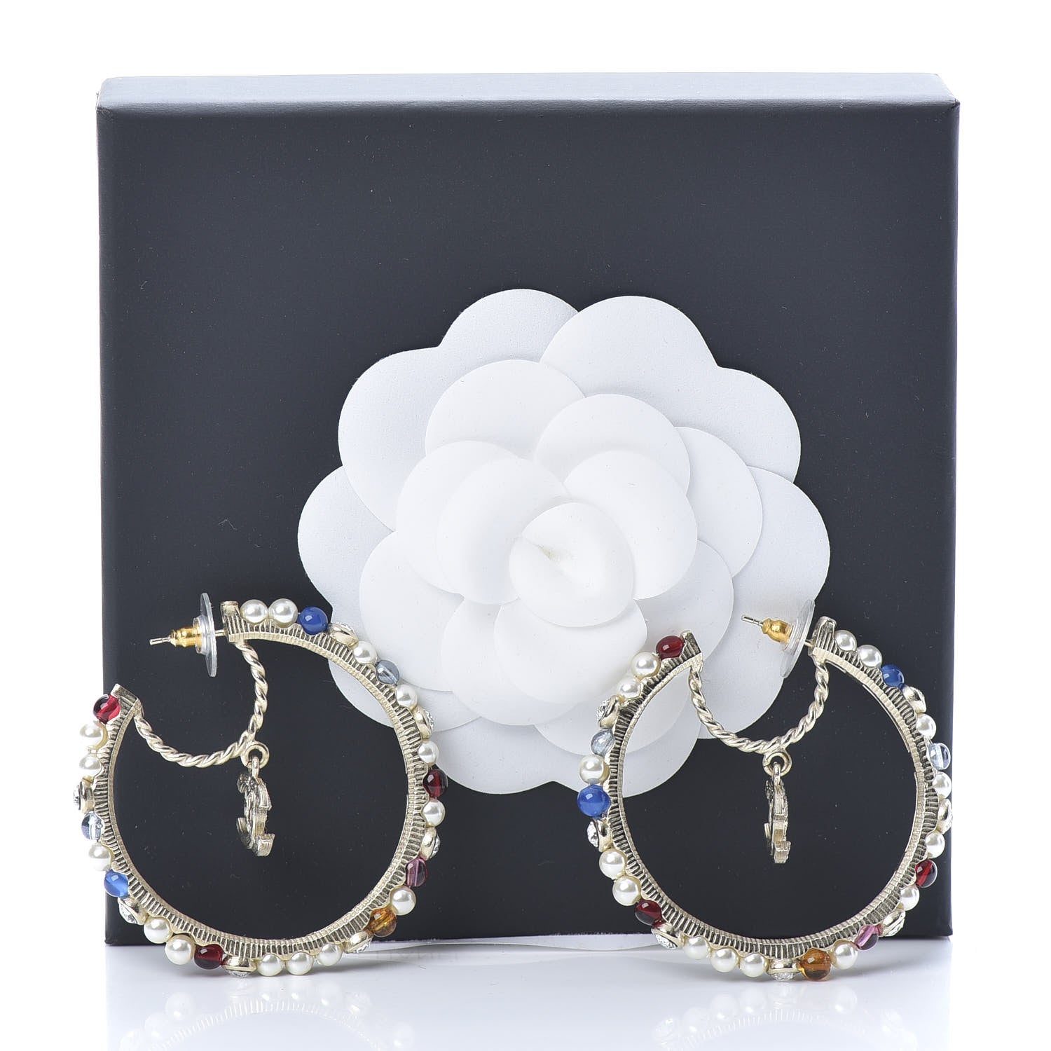 Chanel Crystal Pearl Bead CC Drop Hoop Earrings Gold Multicolor 6 of 6