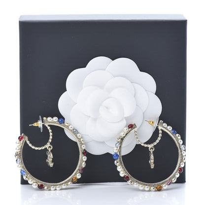Chanel Crystal Pearl Bead CC Drop Hoop Earrings Gold Multicolor 6 of 6