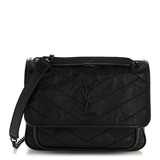 Crinkled Calfskin Matelasse Monogram Baby Niki Chain Satchel Black