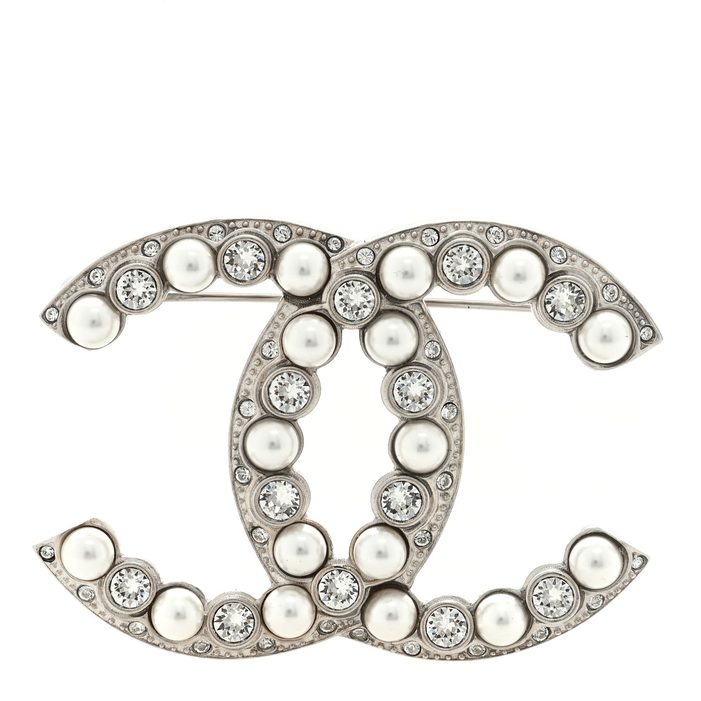 Pearl Crystal CC Brooch Silver