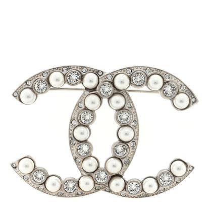 Chanel Pearl Crystal CC Brooch Silver 1 of 4