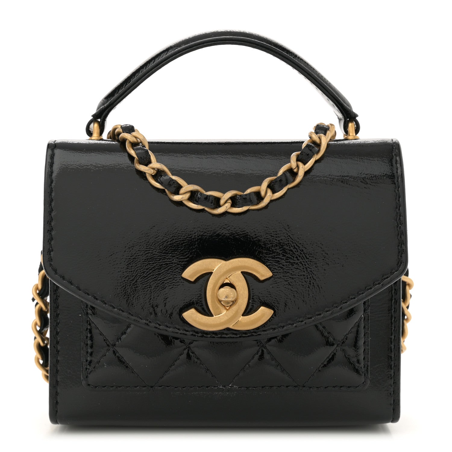 Chanel Shiny Lambskin Quilted Top Handle Card Holder On Chain Black 1 of 11