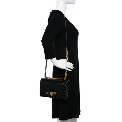 Alexander McQueen Calfskin Crocodile Embossed Mini Jeweled Satchel Black 2 of 10