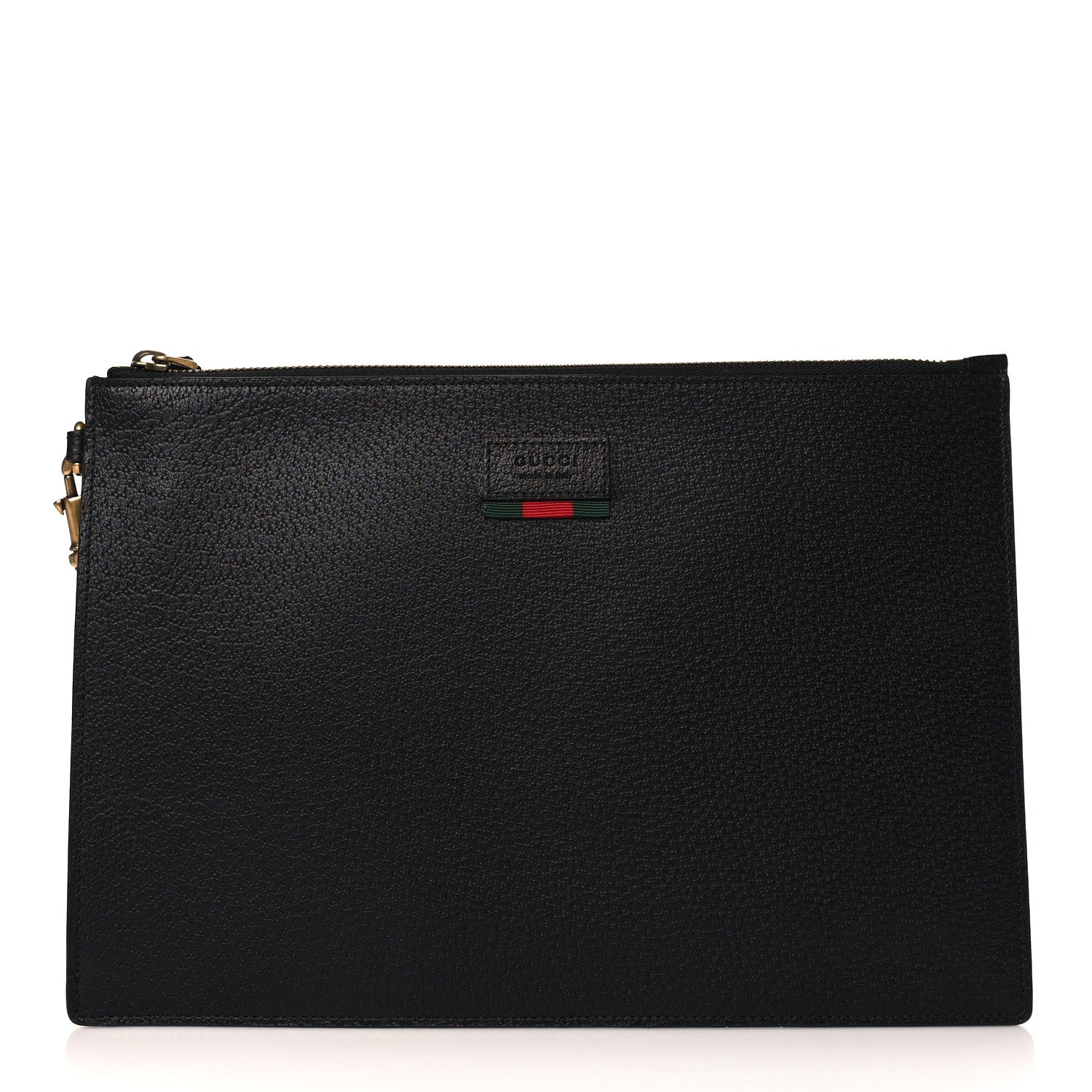 Gucci Dollar Calfskin Boar Effect Web Zip Wristlet Pouch Black 1 of 7