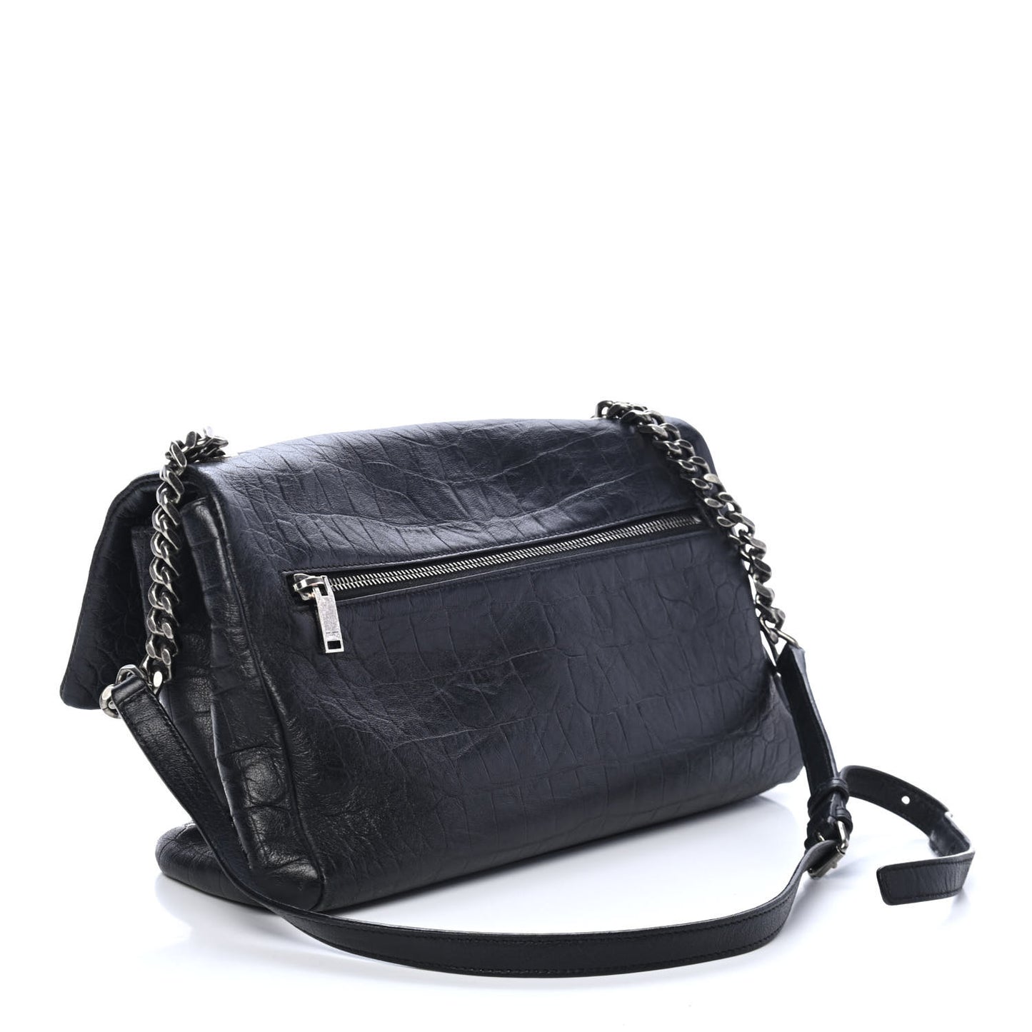 Calfskin Crocodile Embossed Medium West Hollywood Monogram Fold-Over Black