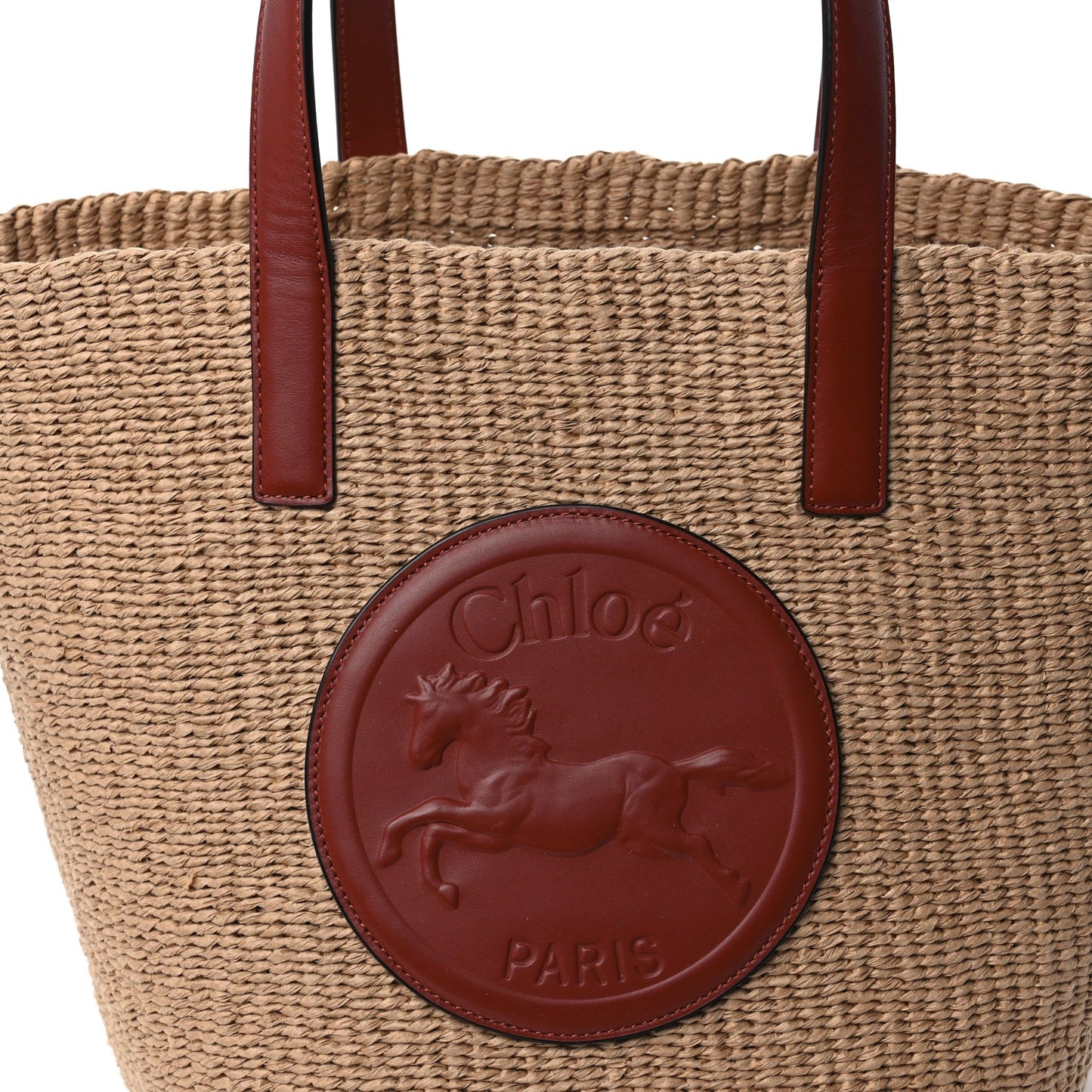 Raffia Calfskin Horse Medal Large Basket Tote  Sepia Brown