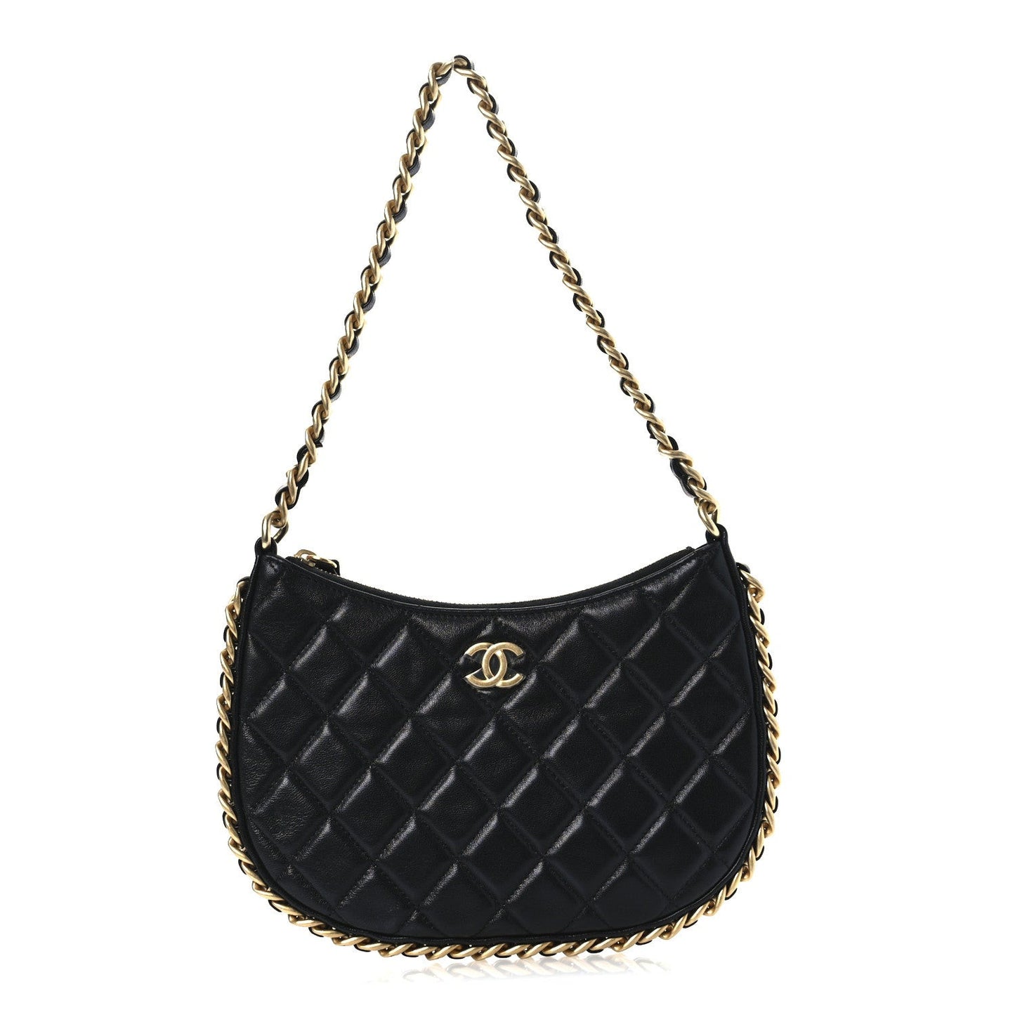 Shiny Crumpled Lambskin Quilted Trendy Chain Around Hobo Black