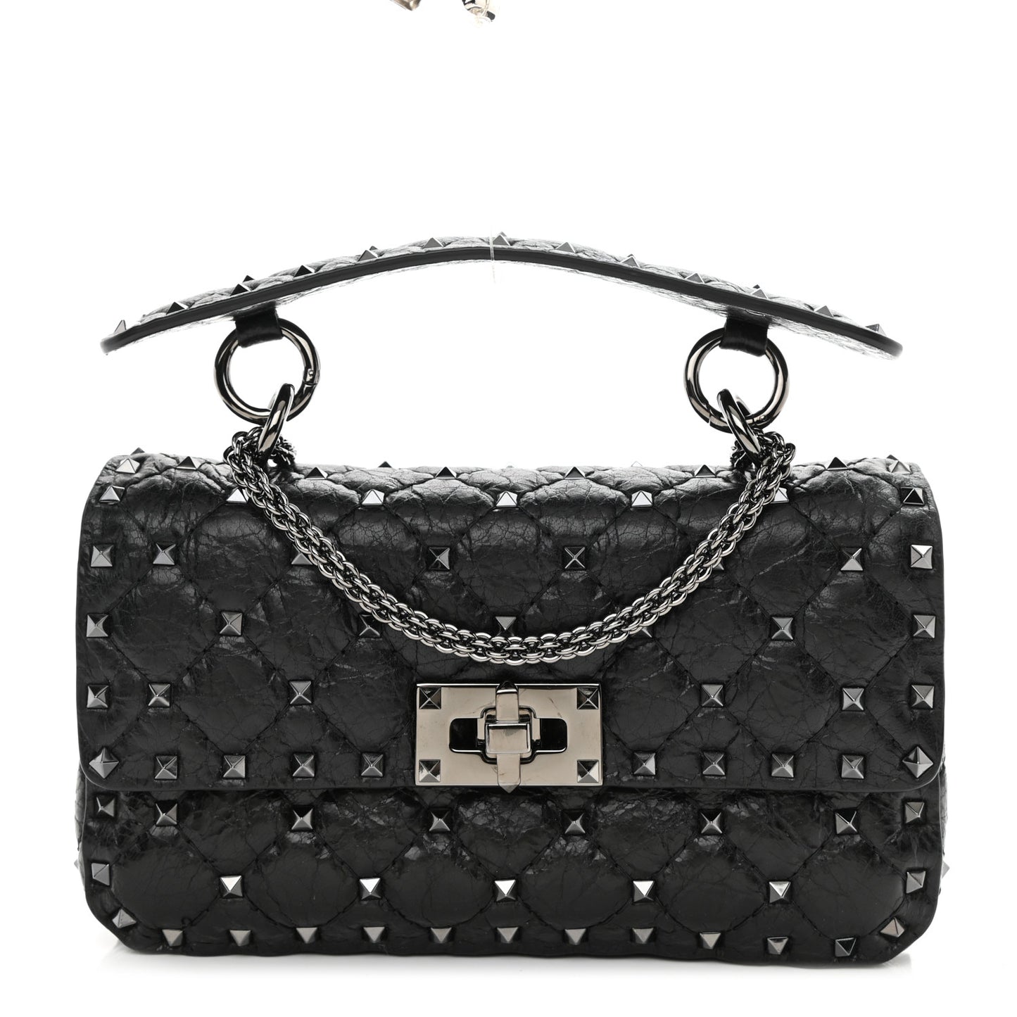 Craquele Nappa Small Rockstud Spike Shoulder Bag Black