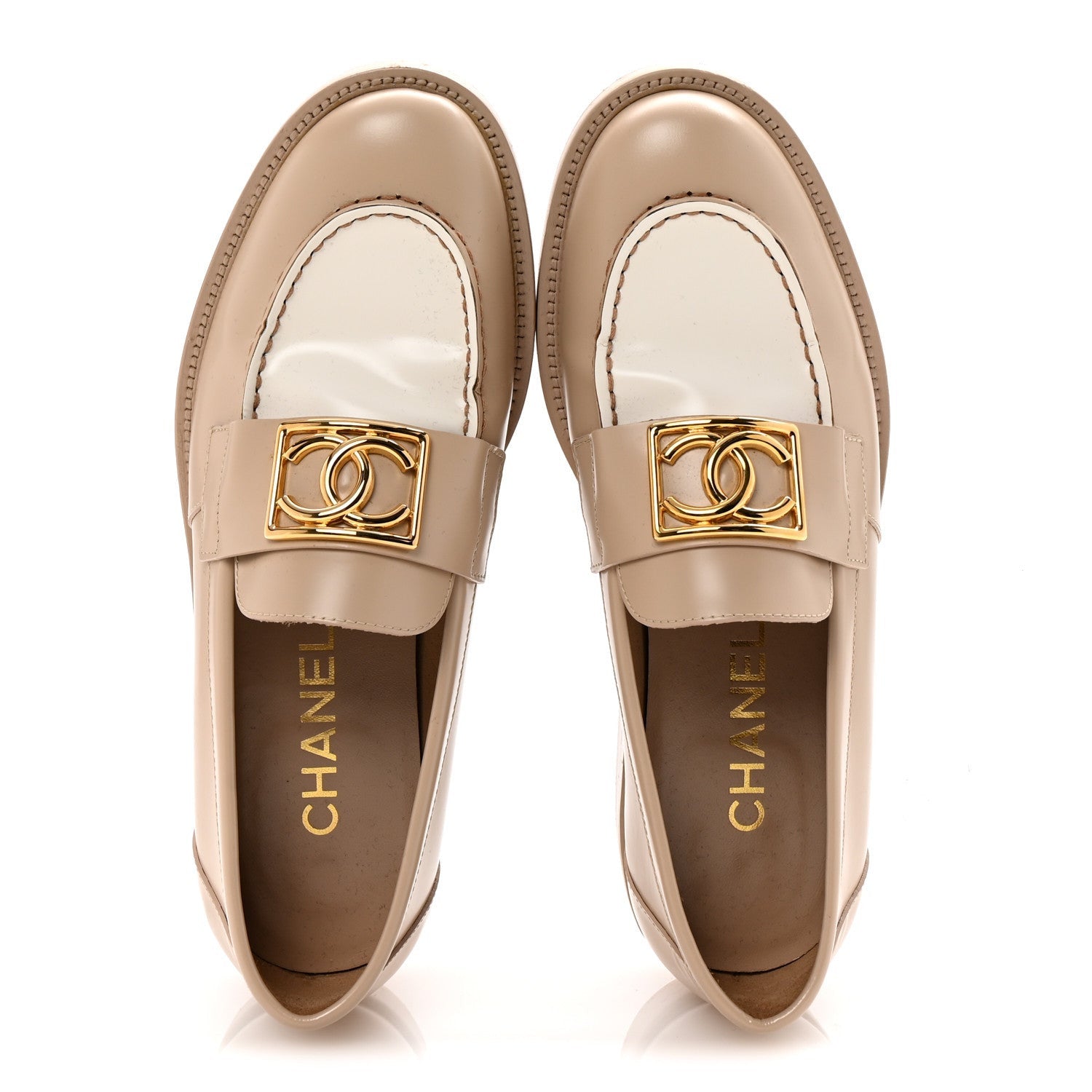Chanel Shiny Calfskin CC Loafers 38 Beige White 2 of 7