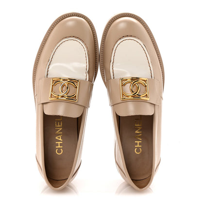 Chanel Shiny Calfskin CC Loafers 38 Beige White 2 of 7