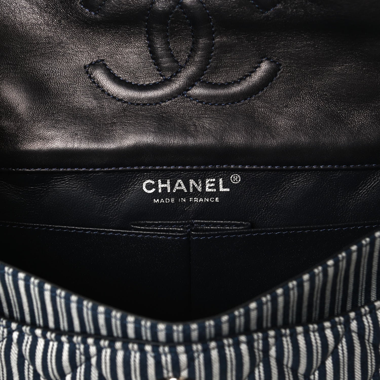 Chanel Canvas Sequin Stripe Medium Double Flap Navy Blue 6 of 12