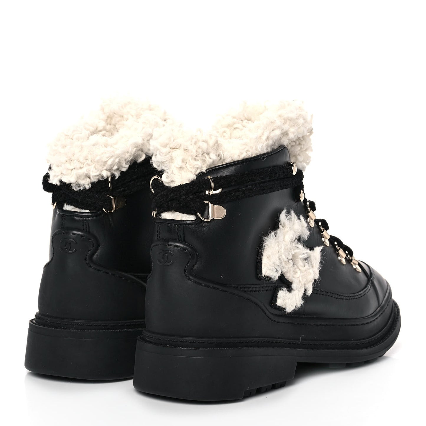 Calfskin Shearling CC Lace Up Boots 36.5 Black