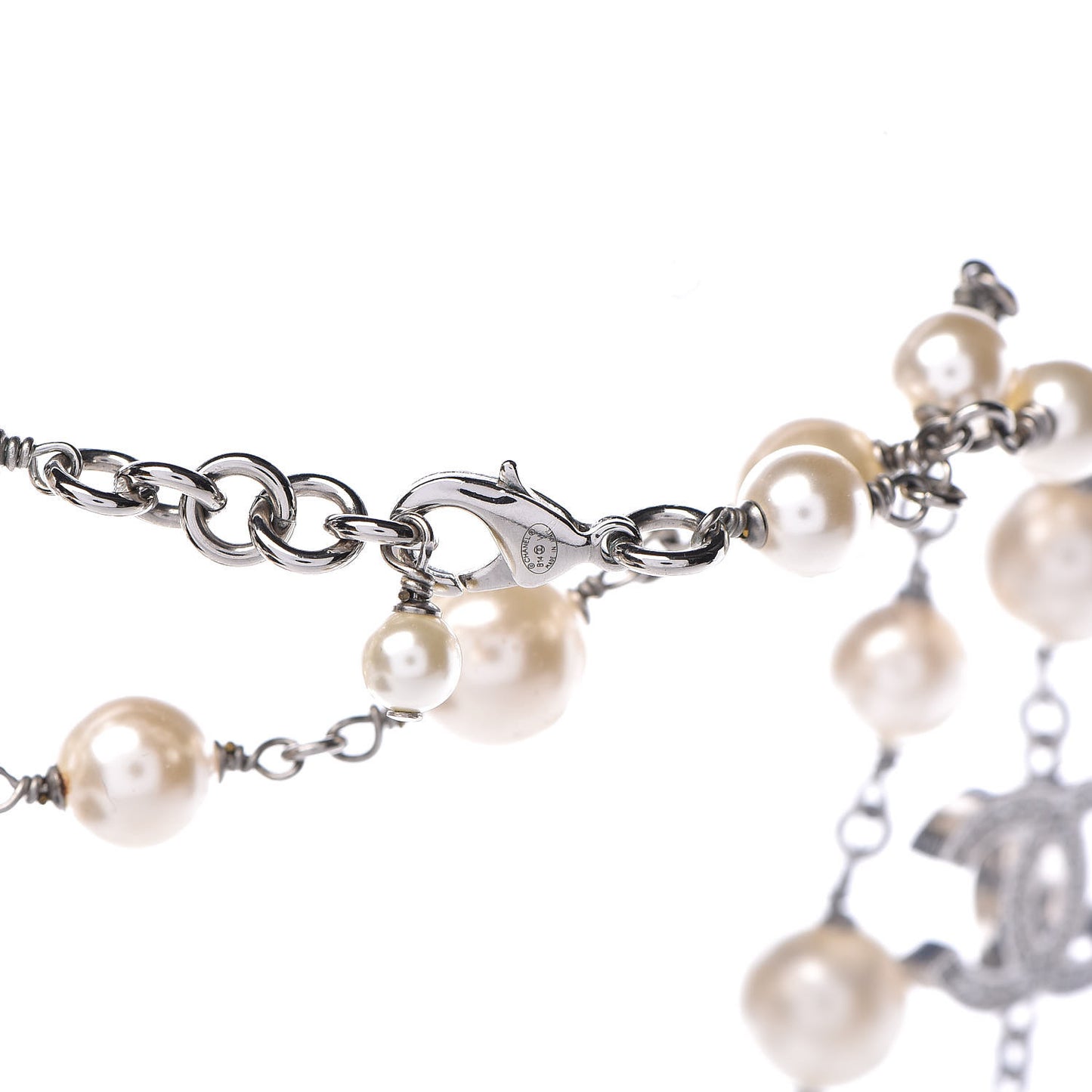 Crystal Pearl CC Long Necklace Silver