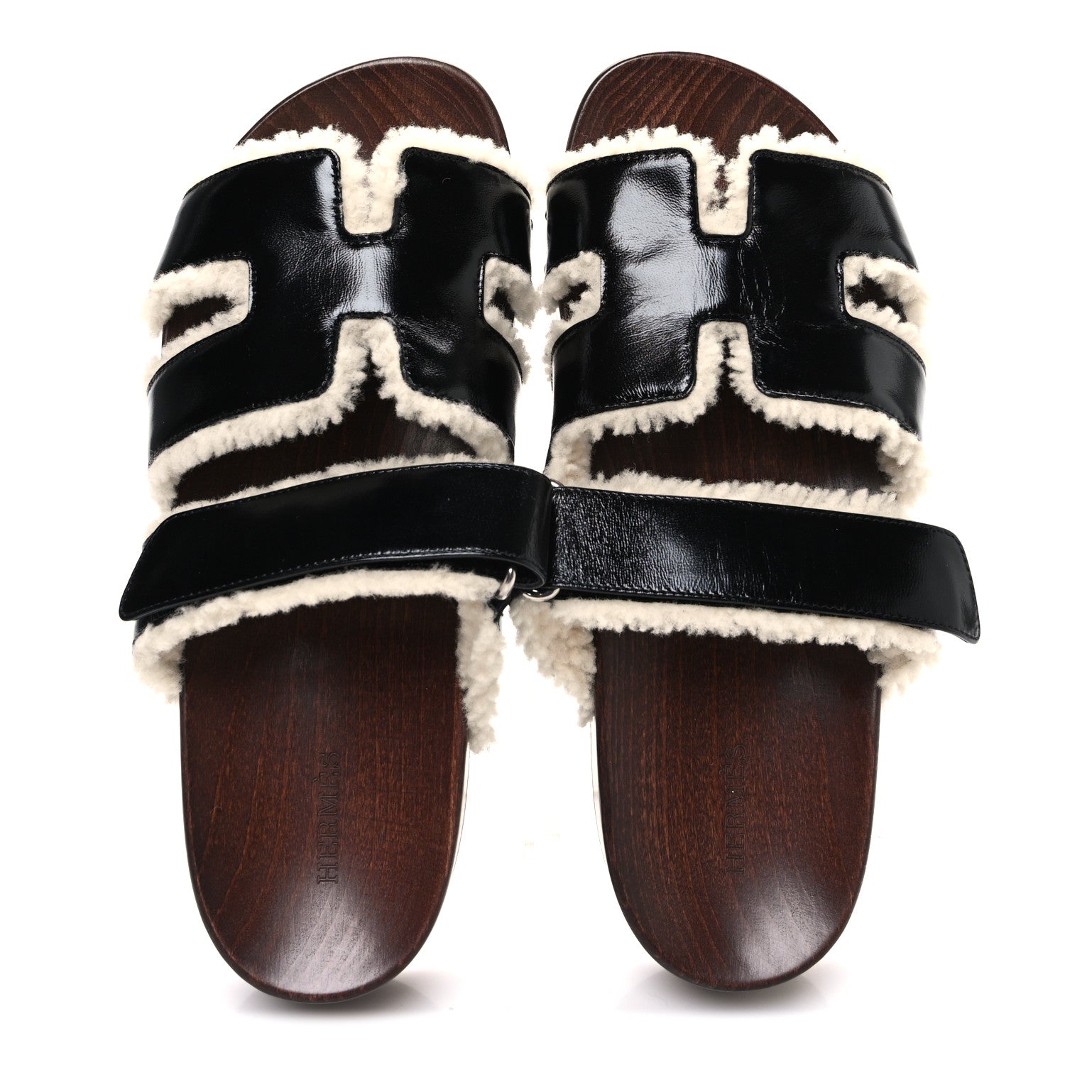 Hermes Glazed Nappa Shearling Womens Kos Clog 40 Black Ecru 2 of 10