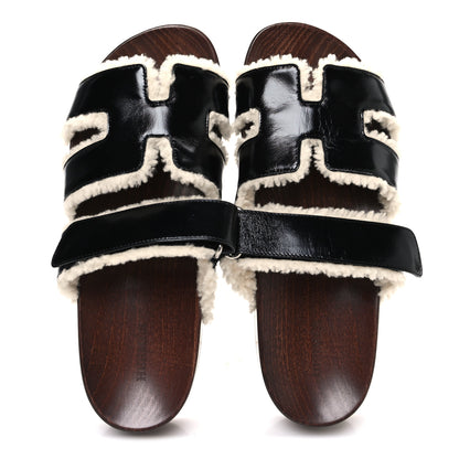 Hermes Glazed Nappa Shearling Womens Kos Clog 40 Black Ecru 2 of 10