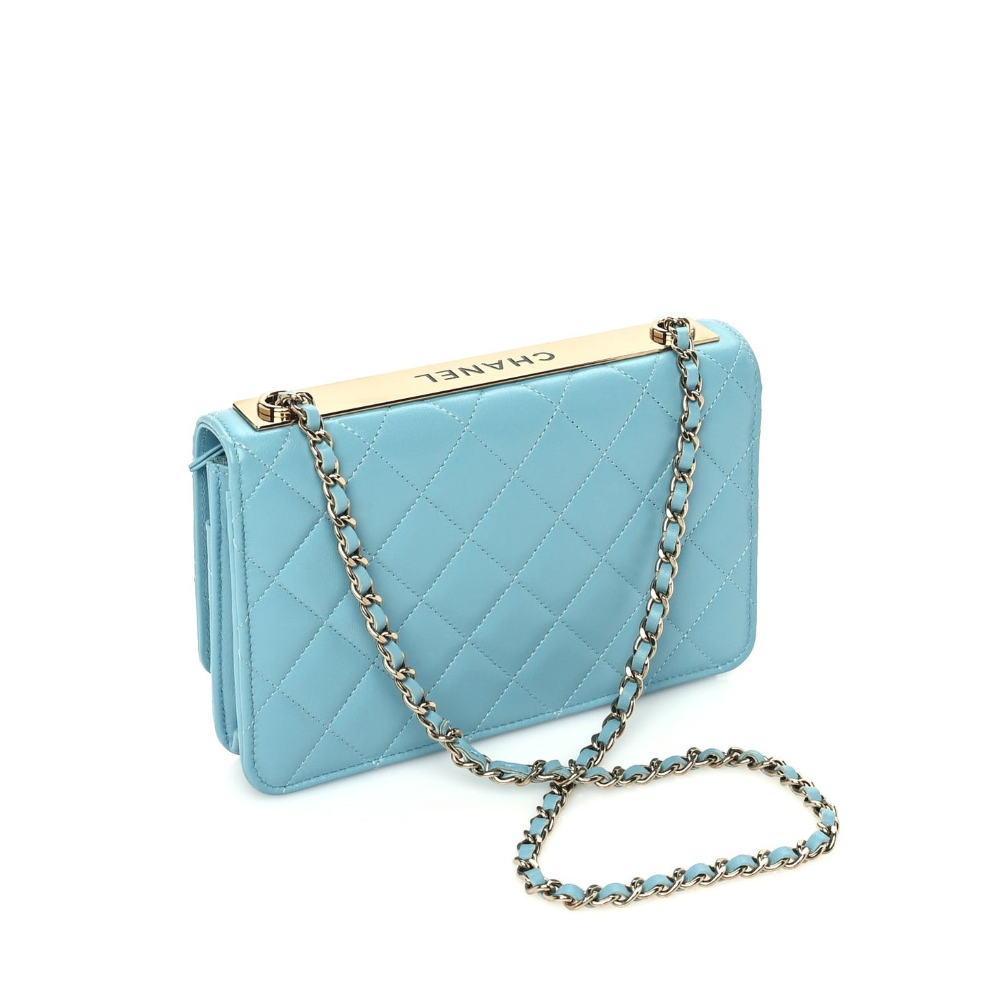 Lambskin Quilted Trendy CC Wallet On Chain WOC Light Blue