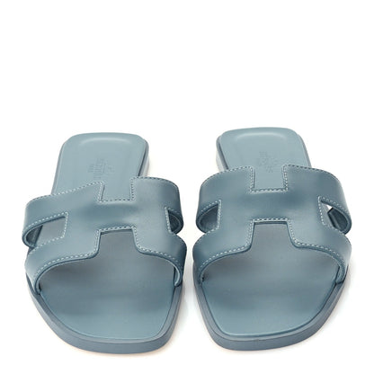 Hermes Calfskin Oran Sandals 37.5 Bleu Emeraude 3 of 7