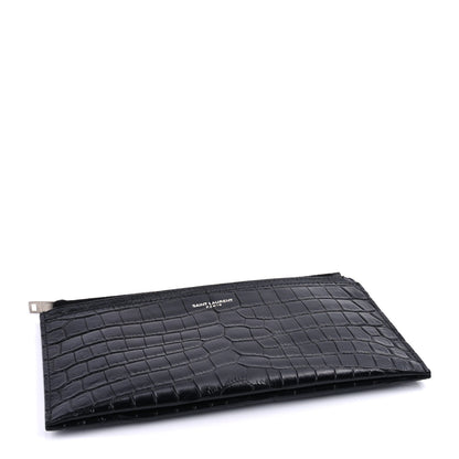 Saint Laurent Calfskin Crocodile Embossed Monogram Bill Pouch Black 4 of 6