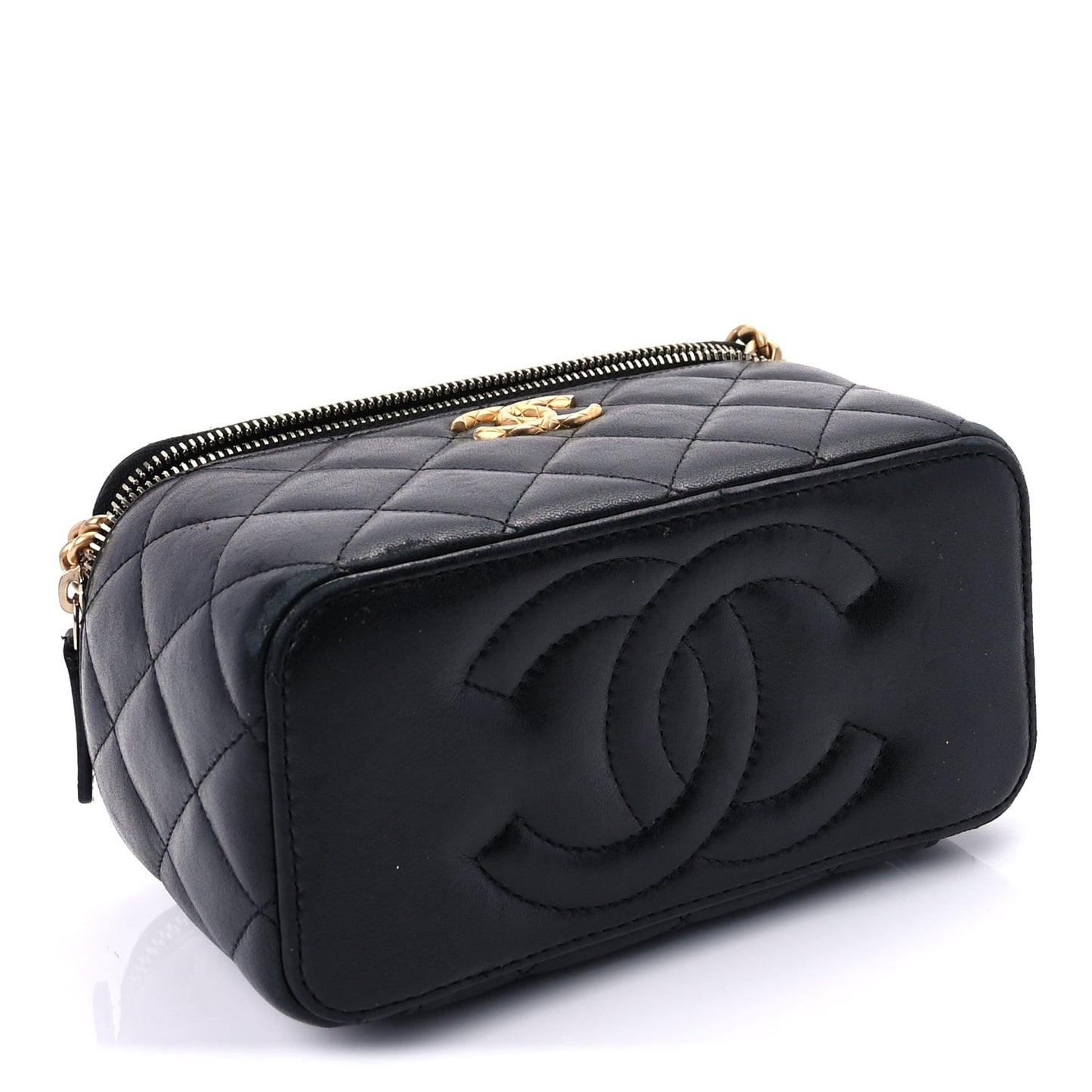 Lambskin Quilted Pearl Crush Small Vanity Case With Chain Black