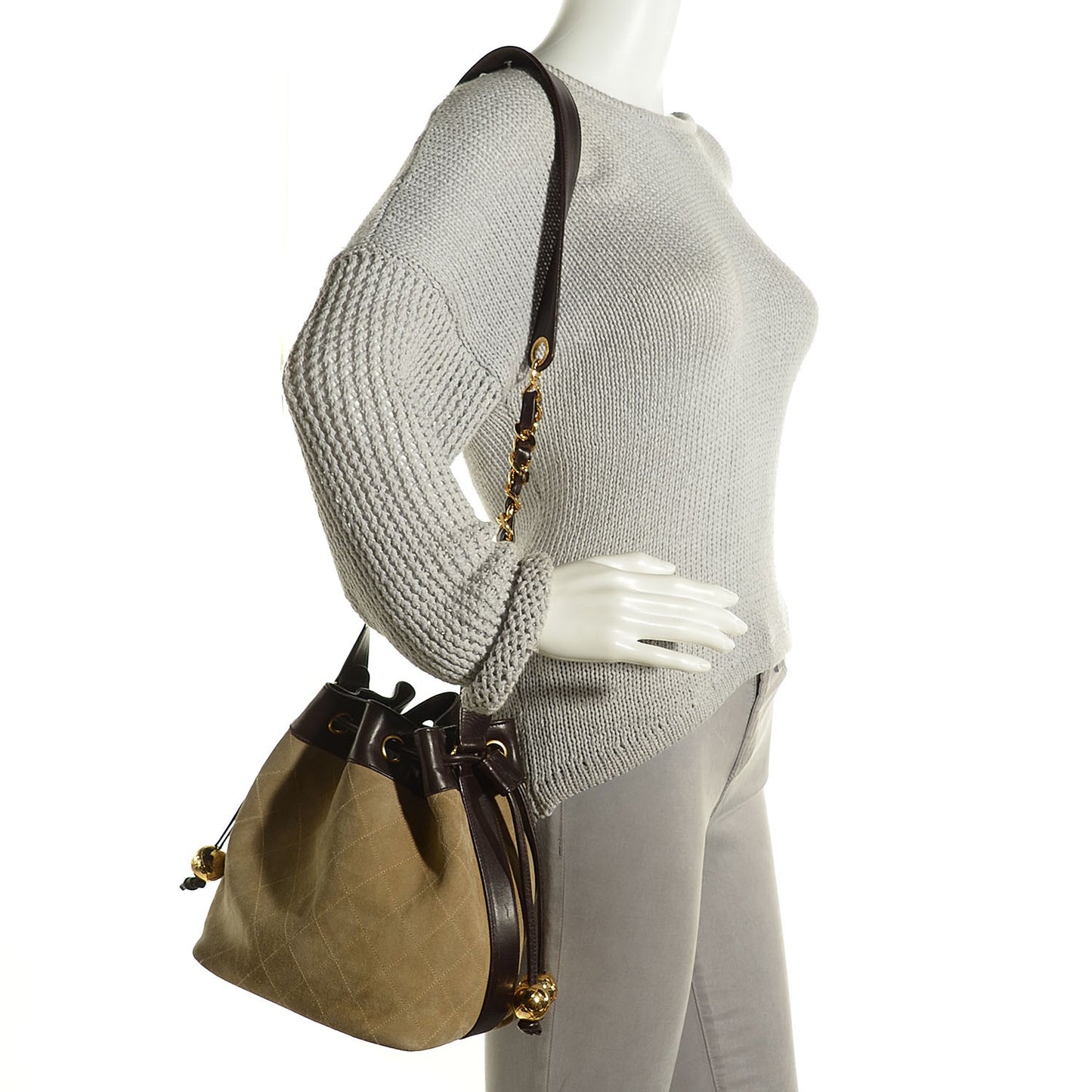 Calfskin Suede Drawstring Shoulder Bag Beige