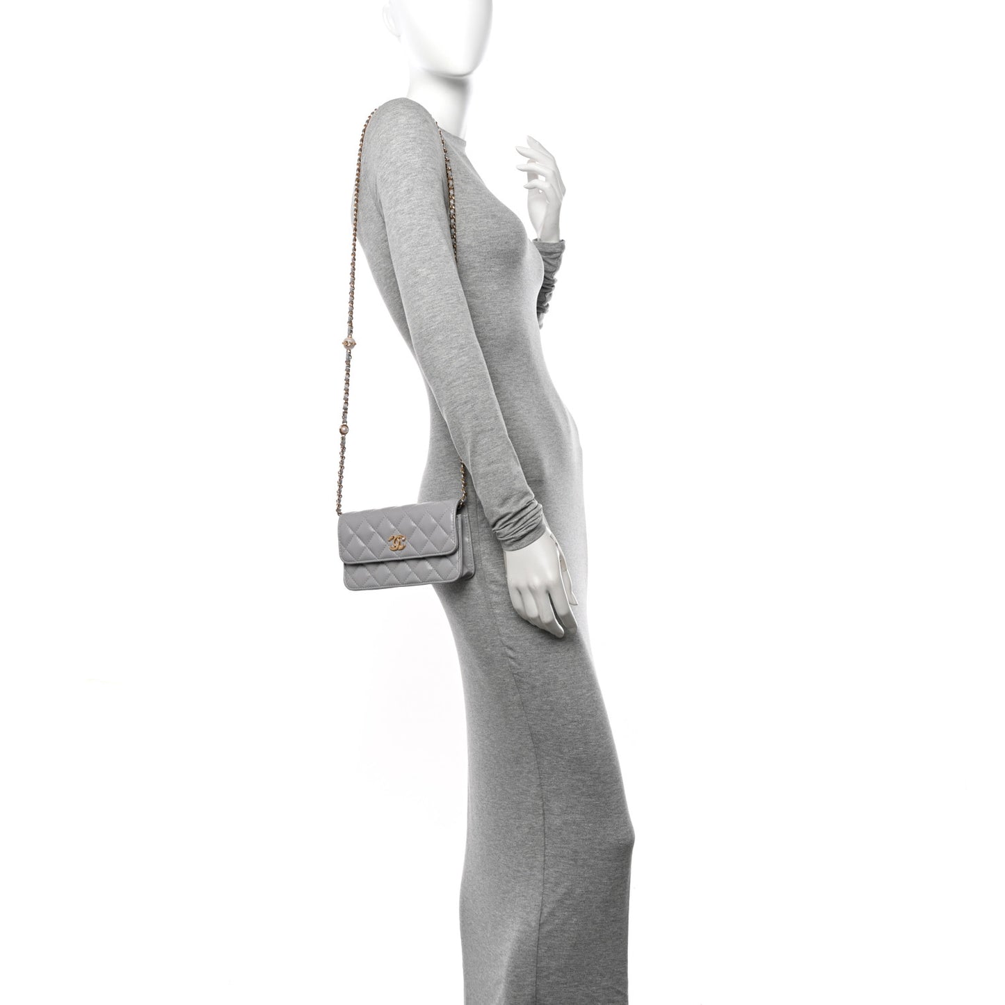 Lambskin Pearl Quilted Flap Phone Holder With Chain Grey