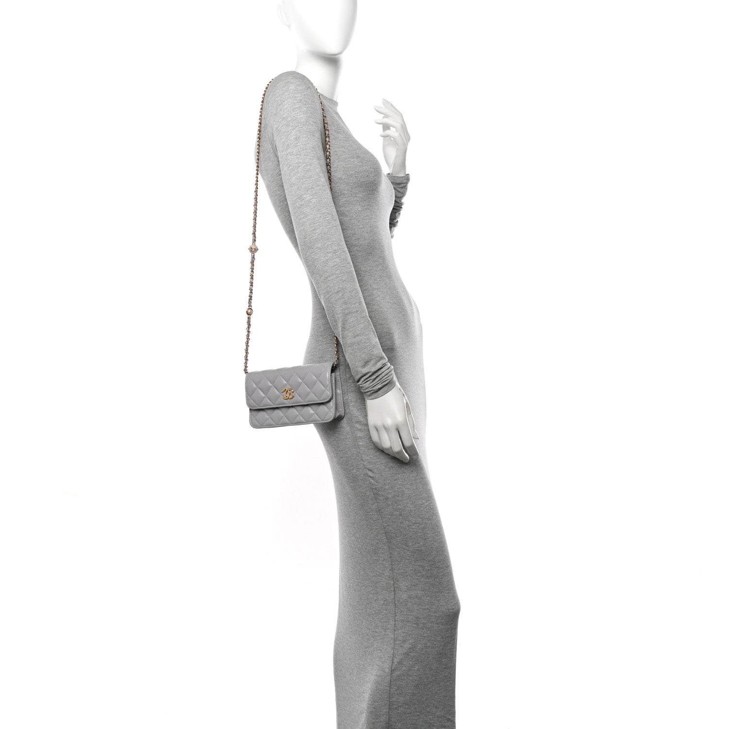 Chanel Lambskin Pearl Quilted Flap Phone Holder With Chain Grey 2 of 13