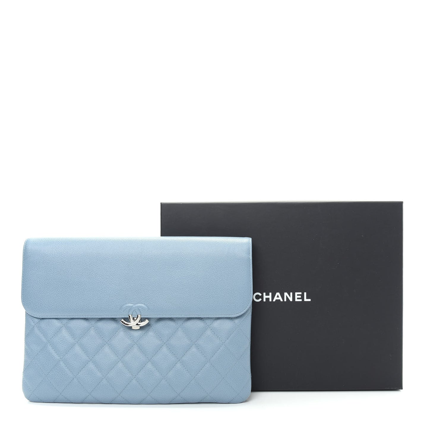 Grained Calfskin Quilted CC Box Pouch Light Blue