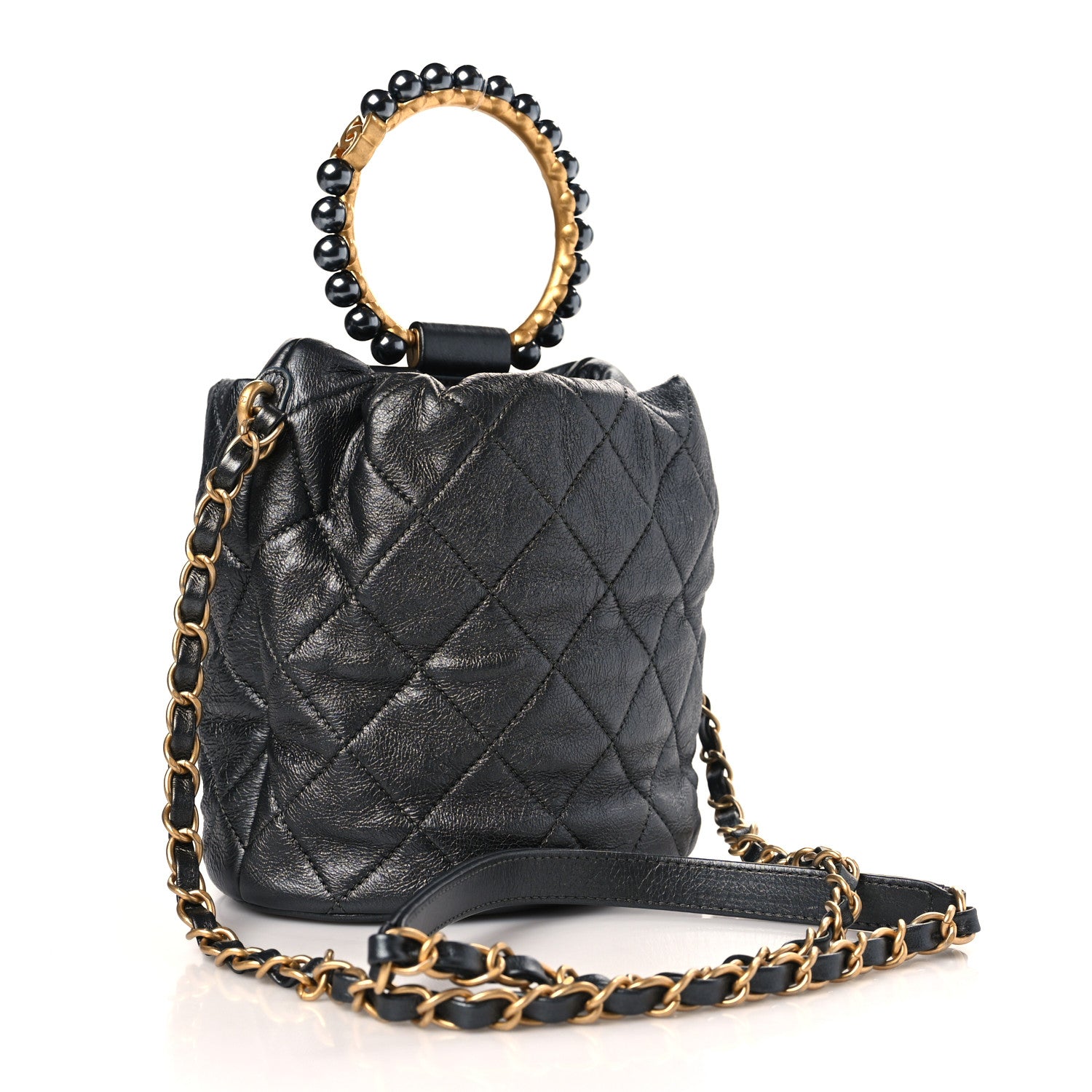 Chanel Metallic Lambskin Quilted Pearl Crown Drawstring Bag Anthracite 3 of 9