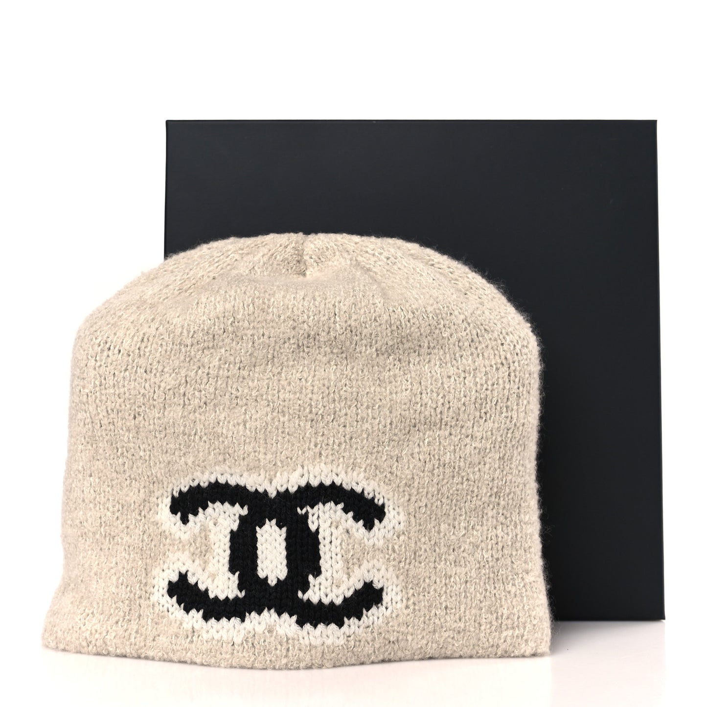 Wool Cashmere CC Beanie Hat Beige Black White