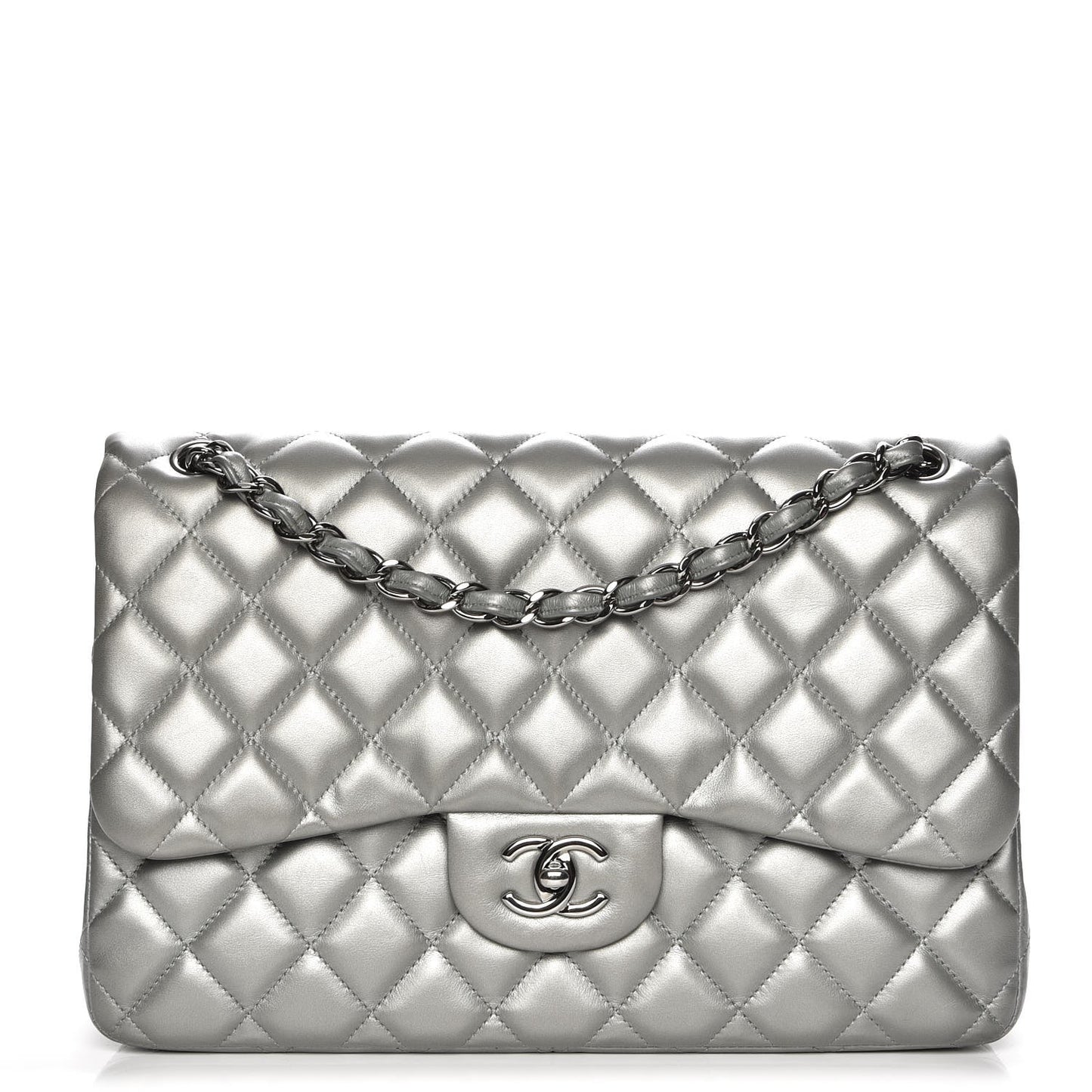 Metallic Lambskin Quilted Jumbo Double Flap Silver