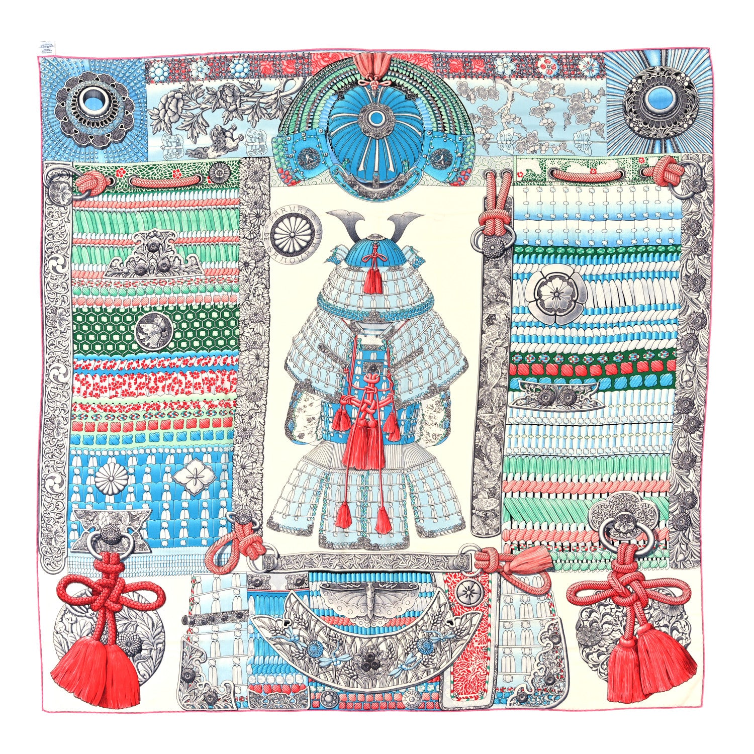 Hermes Cashmere Silk Parures De Samourais Shawl 140 Blanc Turquoise Vert 1 of 3