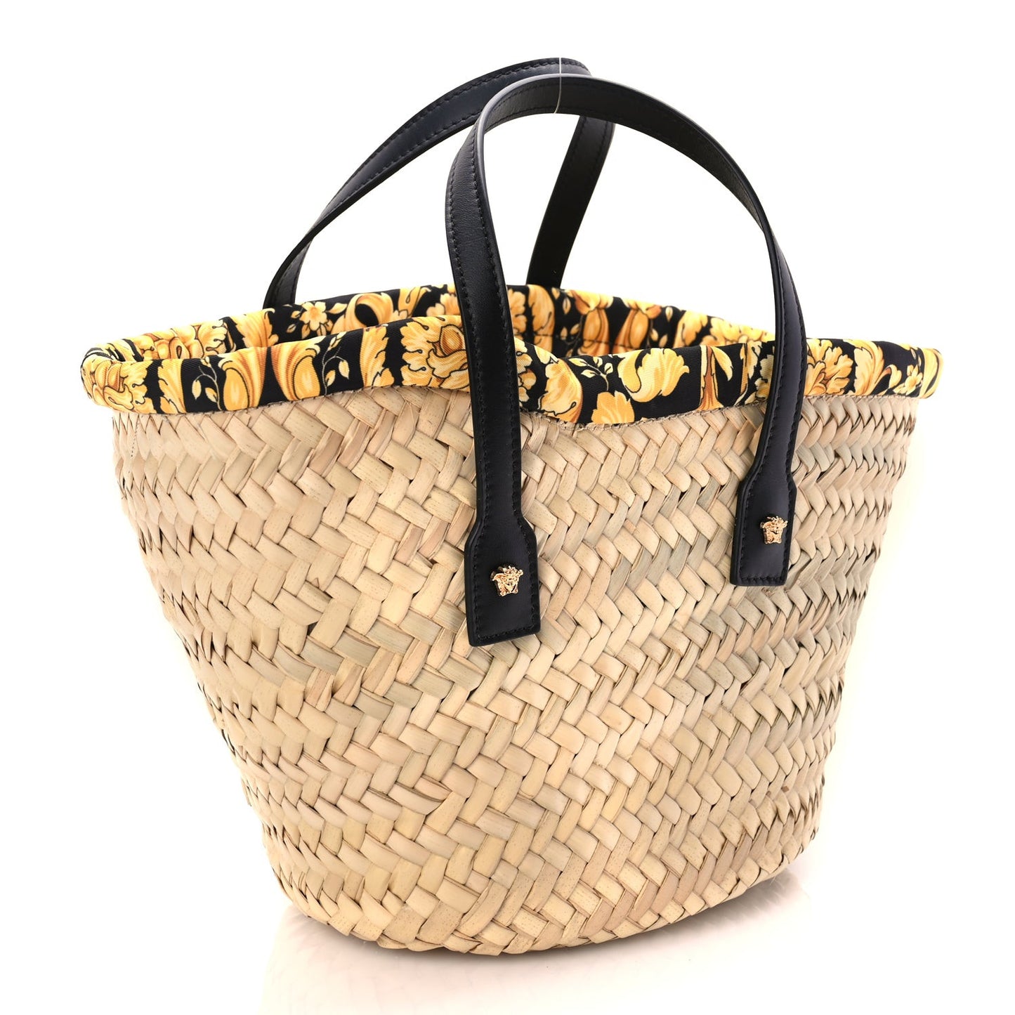 Straw Calfskin Barocco Beach Bag Natural Black Gold