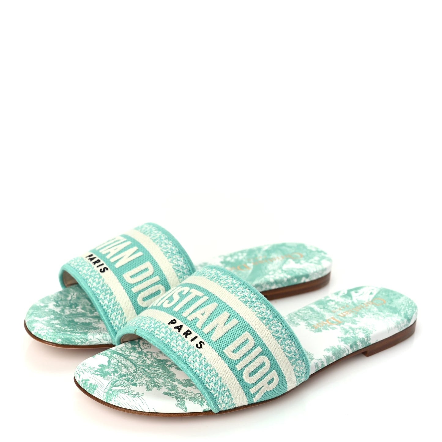 Canvas Toile De Jouy Embroidered Dway Flat Slide Sandals 36 Aquamarine