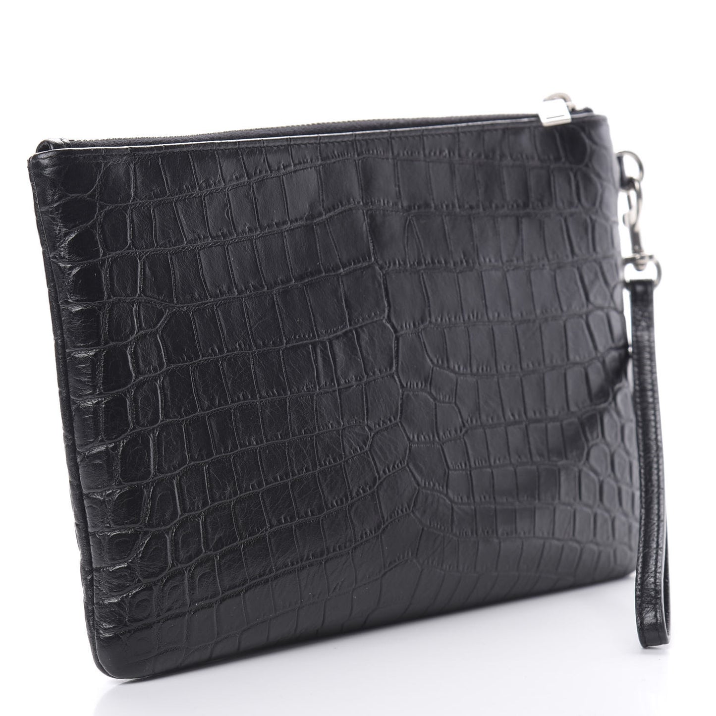 Calfskin Crocodile Embossed Monogram Zip Pouch Black